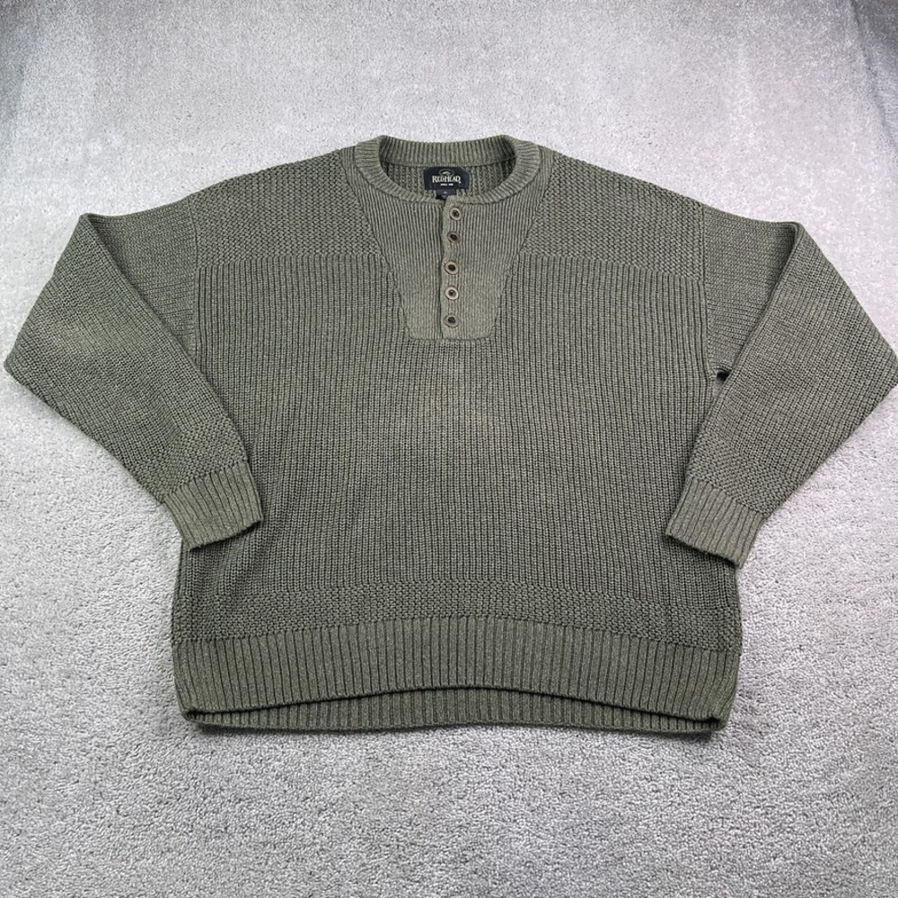 Redhead Sweater Mens XL Green Henley Knit Chunky Fisherman Cotton Blend